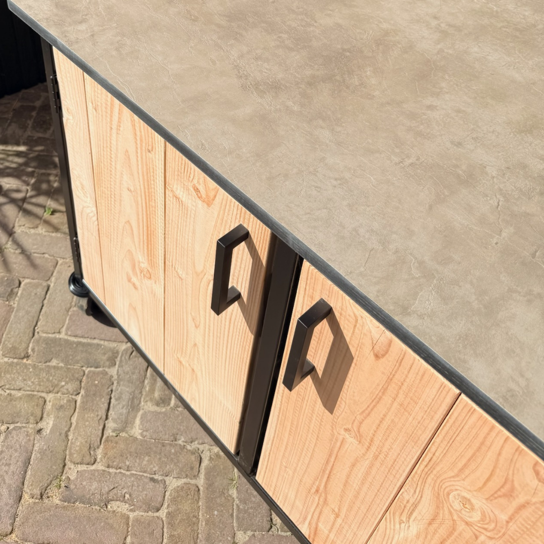 Buitenkeuken Douglas en staal met opbergkast en Taupe HPL werkblad - Lengte 180 cm - Afbeelding 3